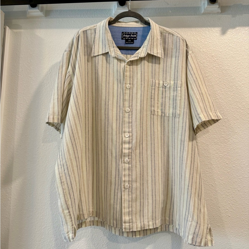 Linen/cotton button down short sleeve shirt. Cream and blue coolness! 2X